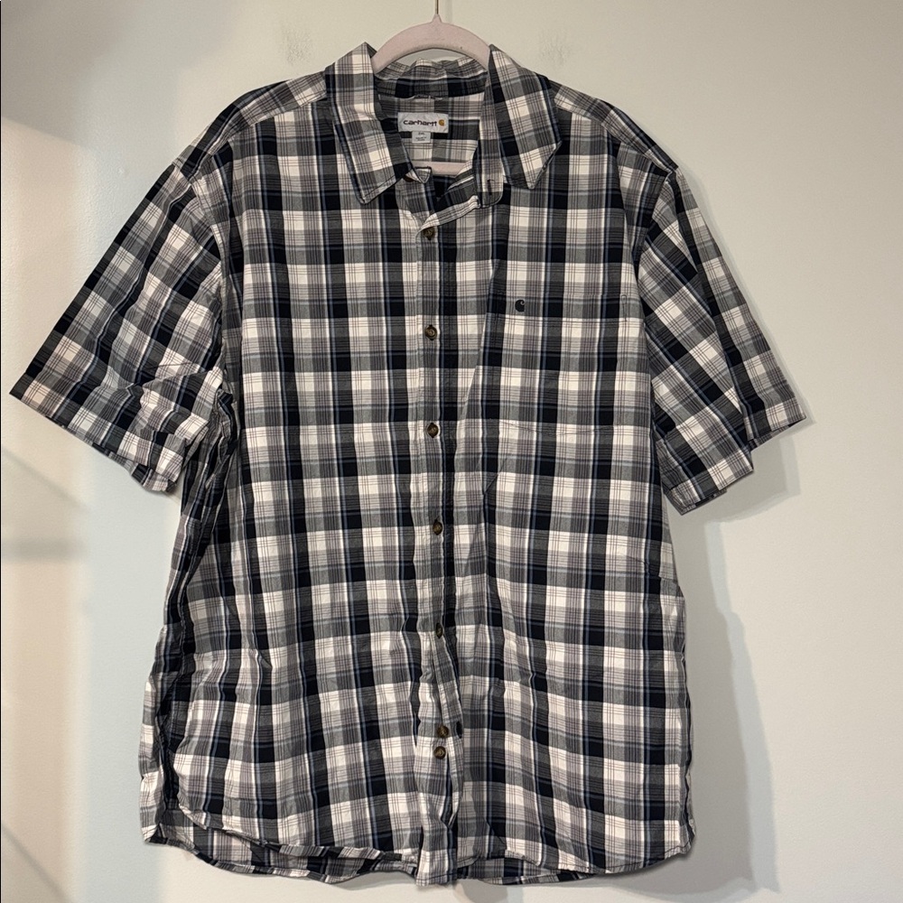 Carhartt Men’s Relaxed Fit Blue gray white Plaid Short Sleeve Button Up Size 2XL